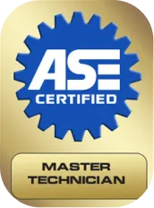 A blue gear-shaped badge with ASE Certified in white text above a gold rectangle that reads Master Technician in black.