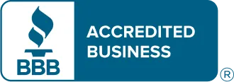 The image shows the BBB Accredited Business logo. It features a torch symbol and the letters BBB on the left, with the words Accredited Business on a blue background to the right.