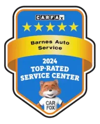 A badge featuring five stars, CARFAX, Barnes Auto Service, 2024 Top-Rated Service Center, and a cartoon fox in a CAR FOX shirt.