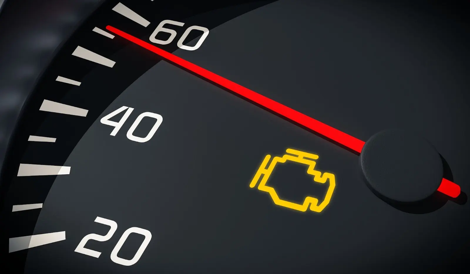 Check Engine Light in Louisville, KY by Barnes Auto Service. Close-up of a car speedometer with a yellow check engine light illuminated, indicating a potential issue with the vehicle's engine system.