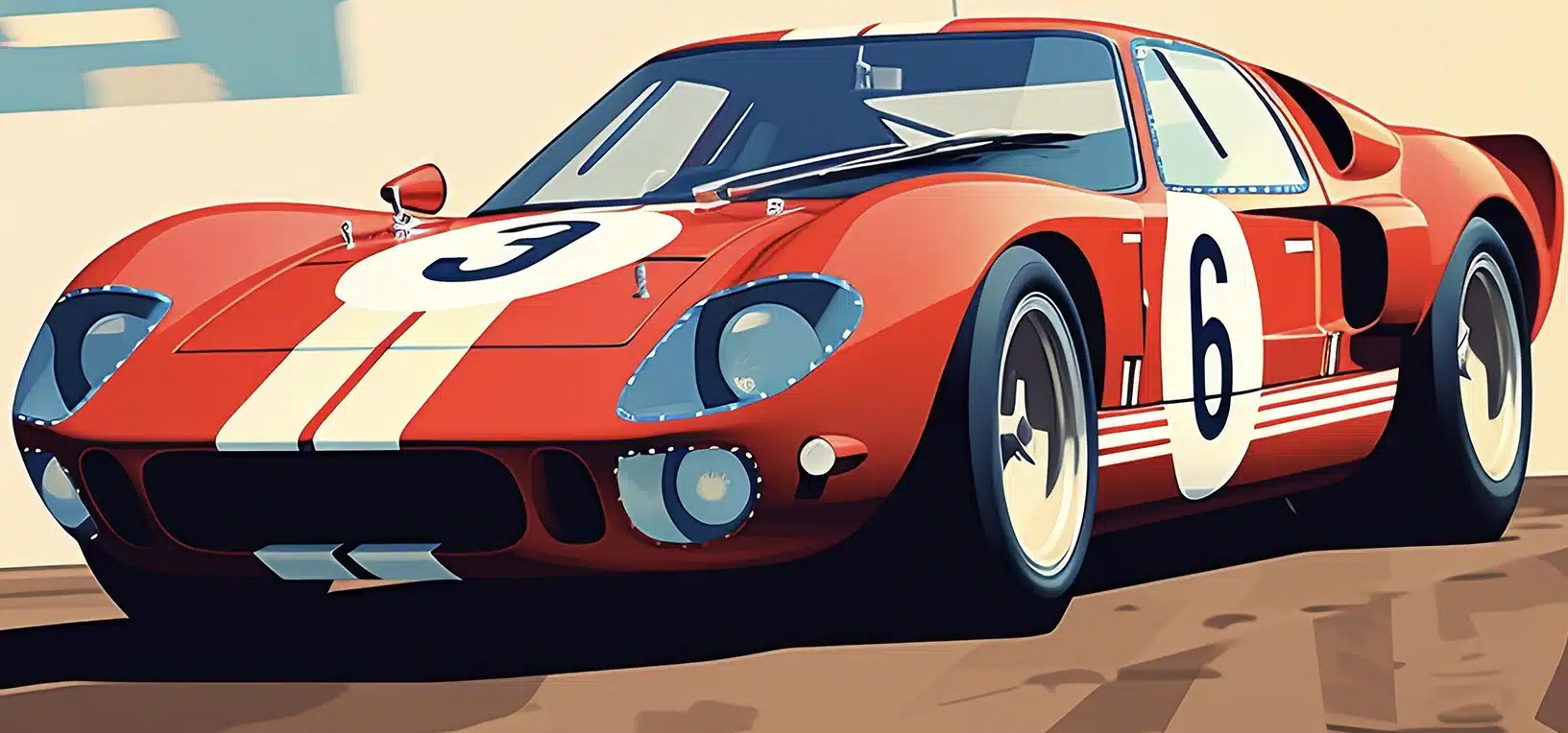A red vintage race car with white racing stripes and the numbers 3 and 6 displayed on its body speeds along a racetrack. The car features classic styling with round headlights and bold curves.